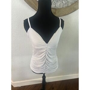 BKE Boutique White Ruched V-Neck Open Back Lace Camisole Tank Top Womens Large